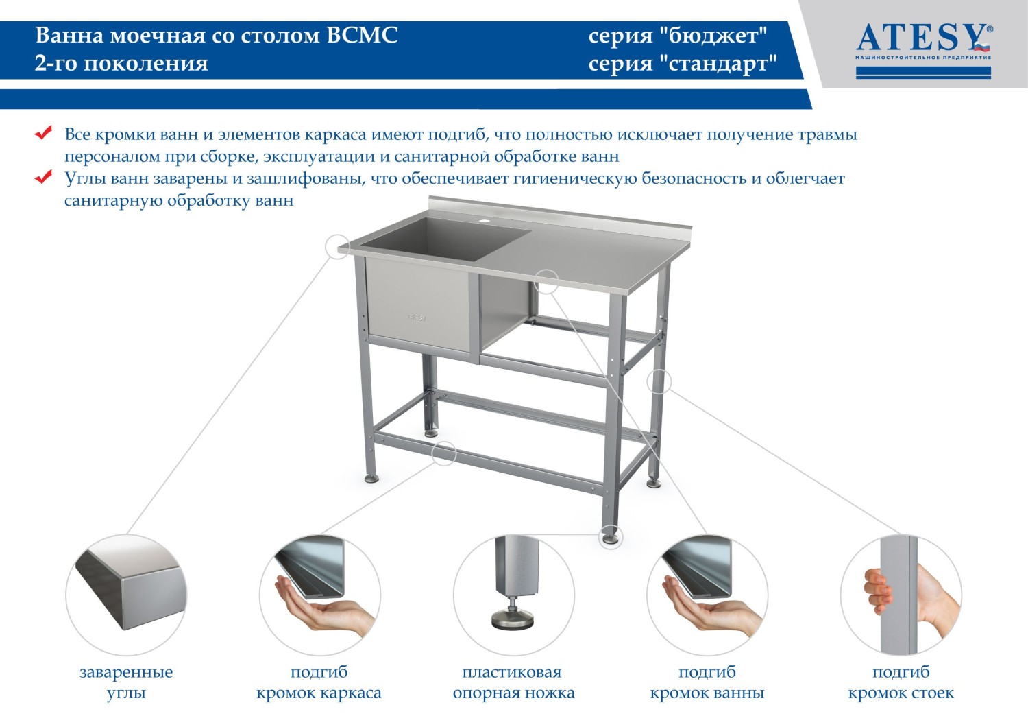 Ванна моечная Atesy ВСМС-Б-1Л.530-1210.680-1-02 (ВМС-1/530 с бортом)