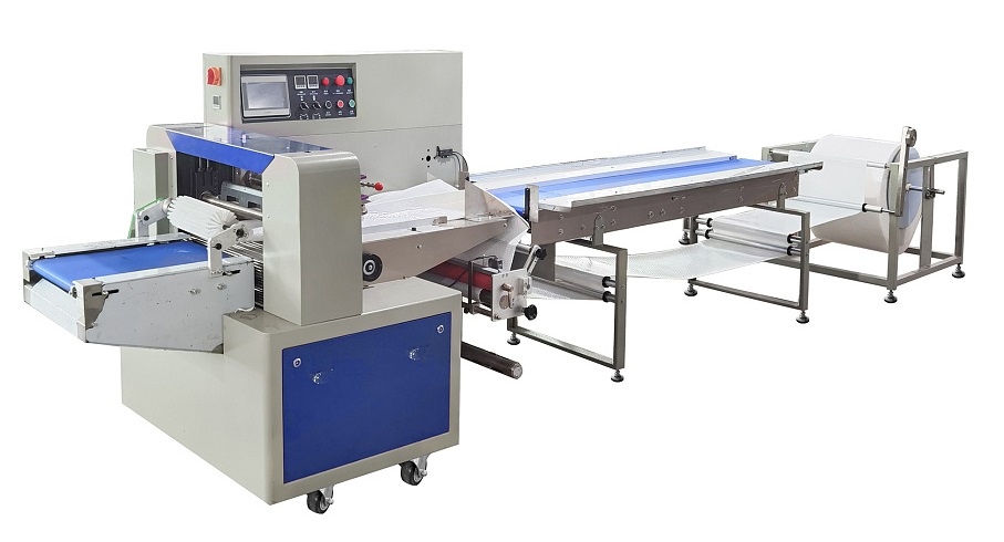Горизонтальная упаковочная машина Hualian Machinery DXDZ-350XDR под ВПП (3 сервопривода,лент. 150 мм, рег.ф, мин.пакет Д-120 мм, В-50 мм, тр-р попер. зап-ки, справа налево)