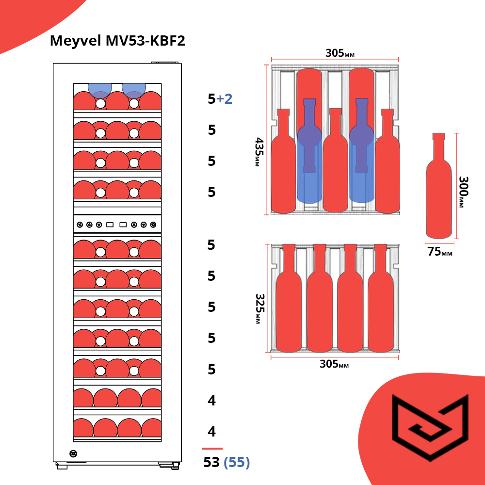 Винный шкаф двухзонный Meyvel MV53-KBF2