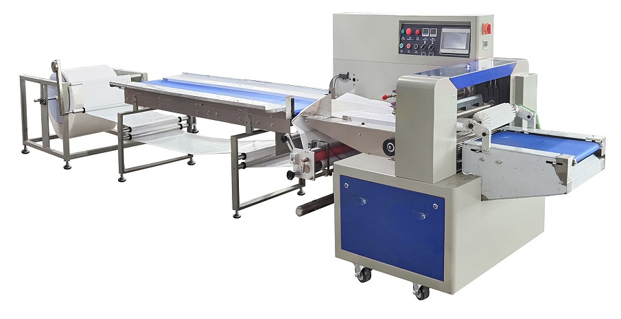 Горизонтальная упаковочная машина Hualian Machinery DXDZ-600XD (пленка ВПП, укороченная, 3 сервопривода, лент. 250 мм, рег.ф, мин пакет Д-130 мм, В-120 мм, тр-р попер.запайки)