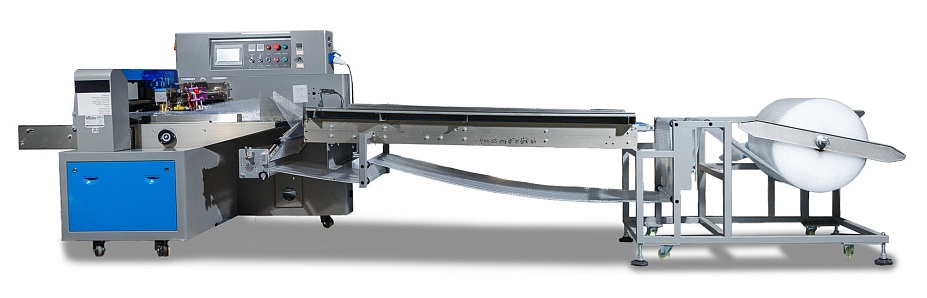 Горизонтальная упаковочная машина Hualian Machinery DXDZ-600XDR под ВПП (3 сервопривода, лент. 250 мм, рег.ф, мин пакет Д-130 мм, В-120 мм, тр-р попер. зап-ки, справа налево)