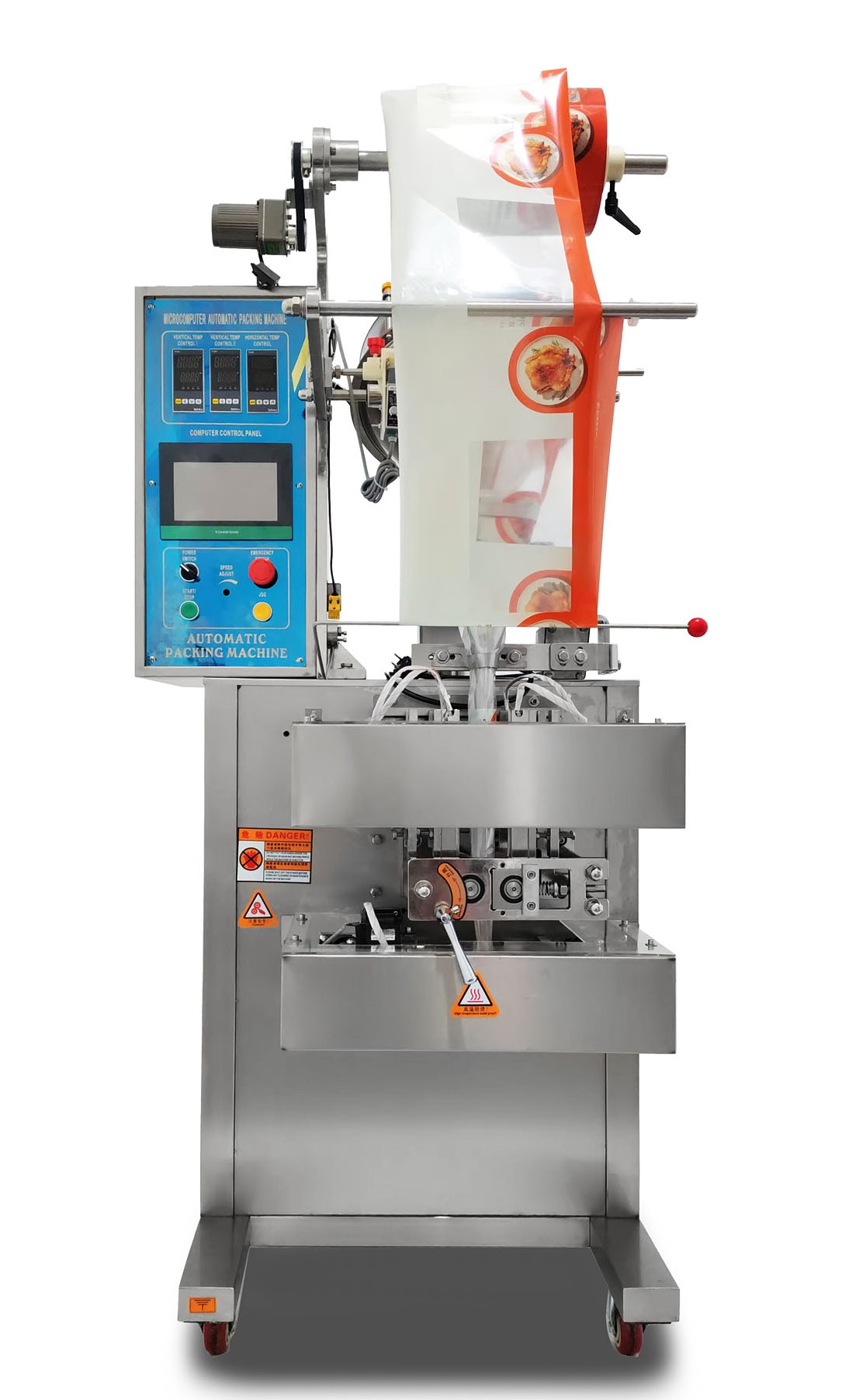Автоматическая фасовочно-упаковочная машина Hualian Machinery DXDF-320RH-E (нерж., 4-х шовн. пакет, 15-100 мл, W пленки 240 мм, насечка, зубч. нож)