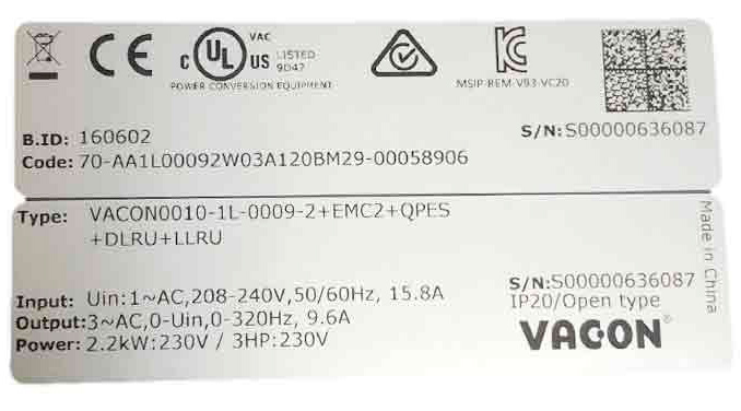 Преобразователь частотный Abat Vacon 0010-1L-0011-2 (2,2 кВт) 120000006030/12000061314