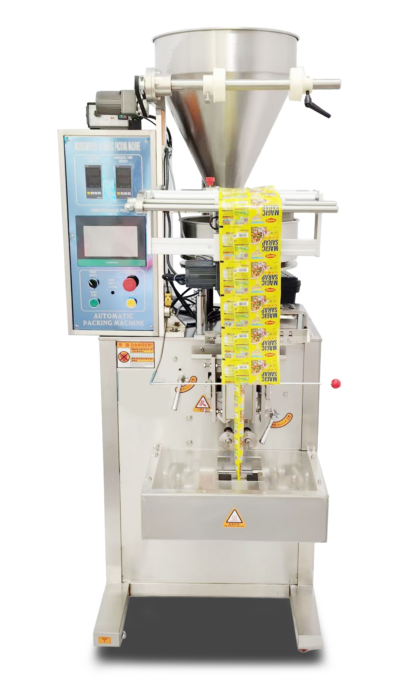 Автоматическая фасовочно-упаковочная машина Hualian Machinery DXDK-320RH-E (нерж., сашет 75*90 мм, 25-35 мл, W пленки 150 мм, датер в губках, насечка, зубч. нож.)