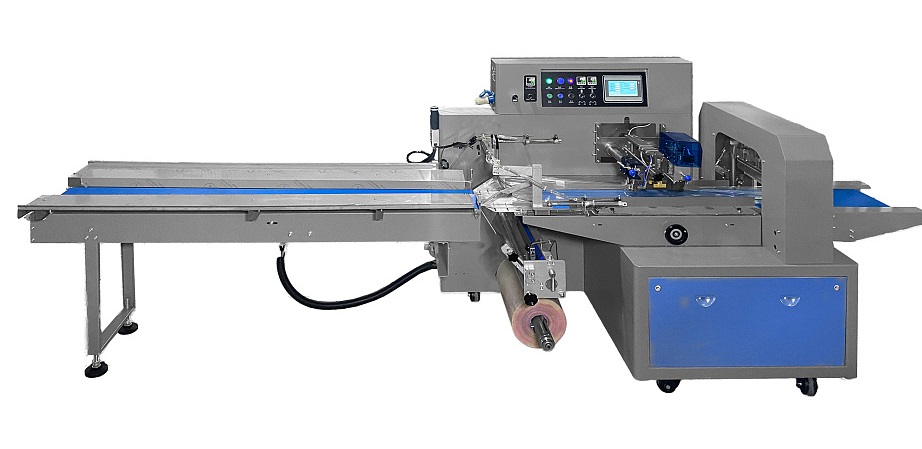 Горизонтальная упаковочная машина Hualian Machinery DXDZ-600XD с откачкой воздуха (3 сервопривода, вакуум., лент. 280 мм, мин. пакет Д-180 мм, макс. В-100 мм)